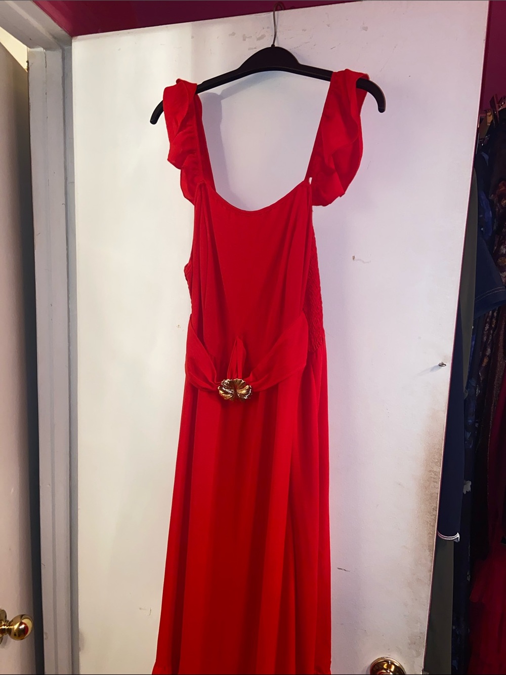 SHEIN Red Maxi Dress with Ruffle Straps and Gold Waist Accent